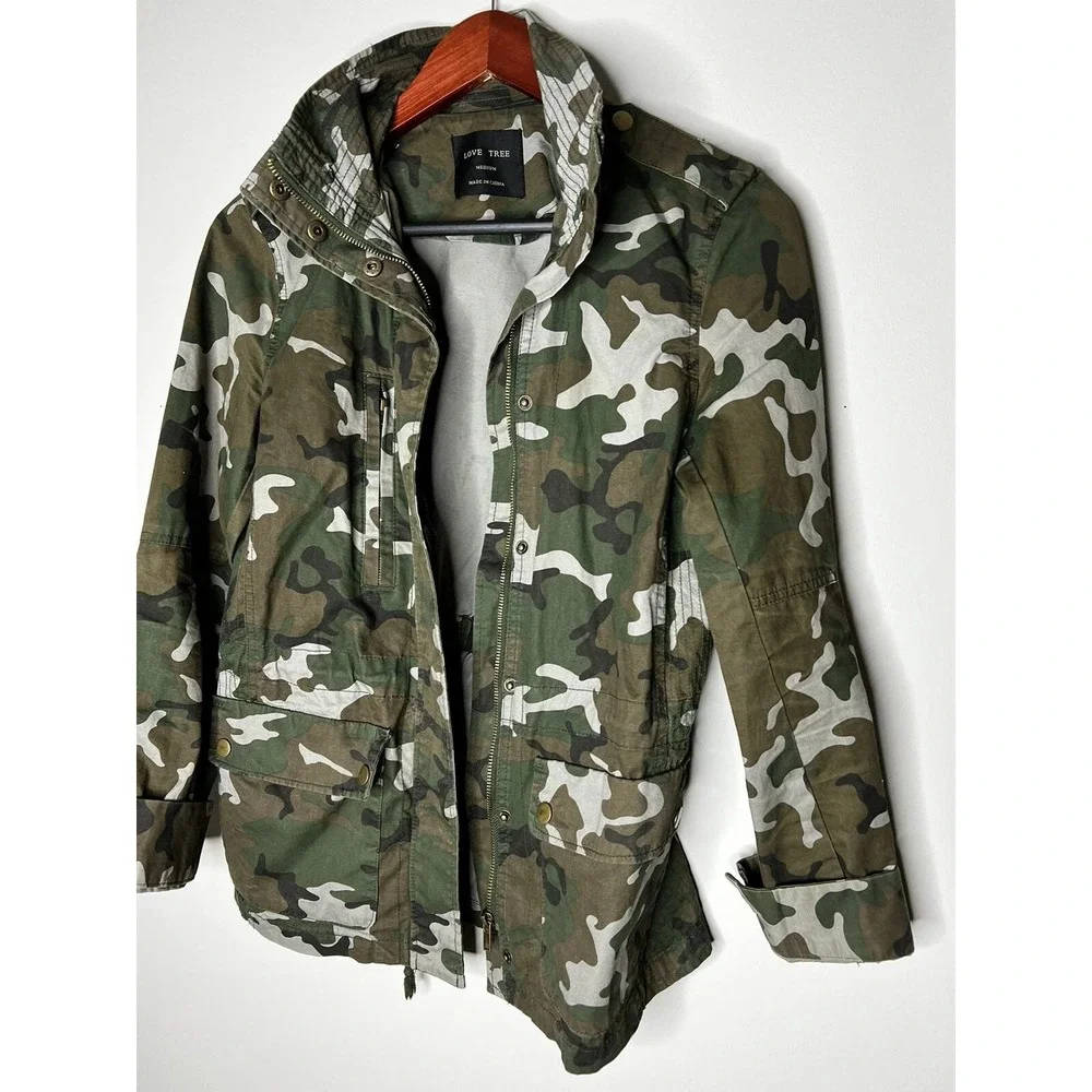 Love Tree Utility Jacket Womens Medium Green Camo Military Safari Cargo Rugged